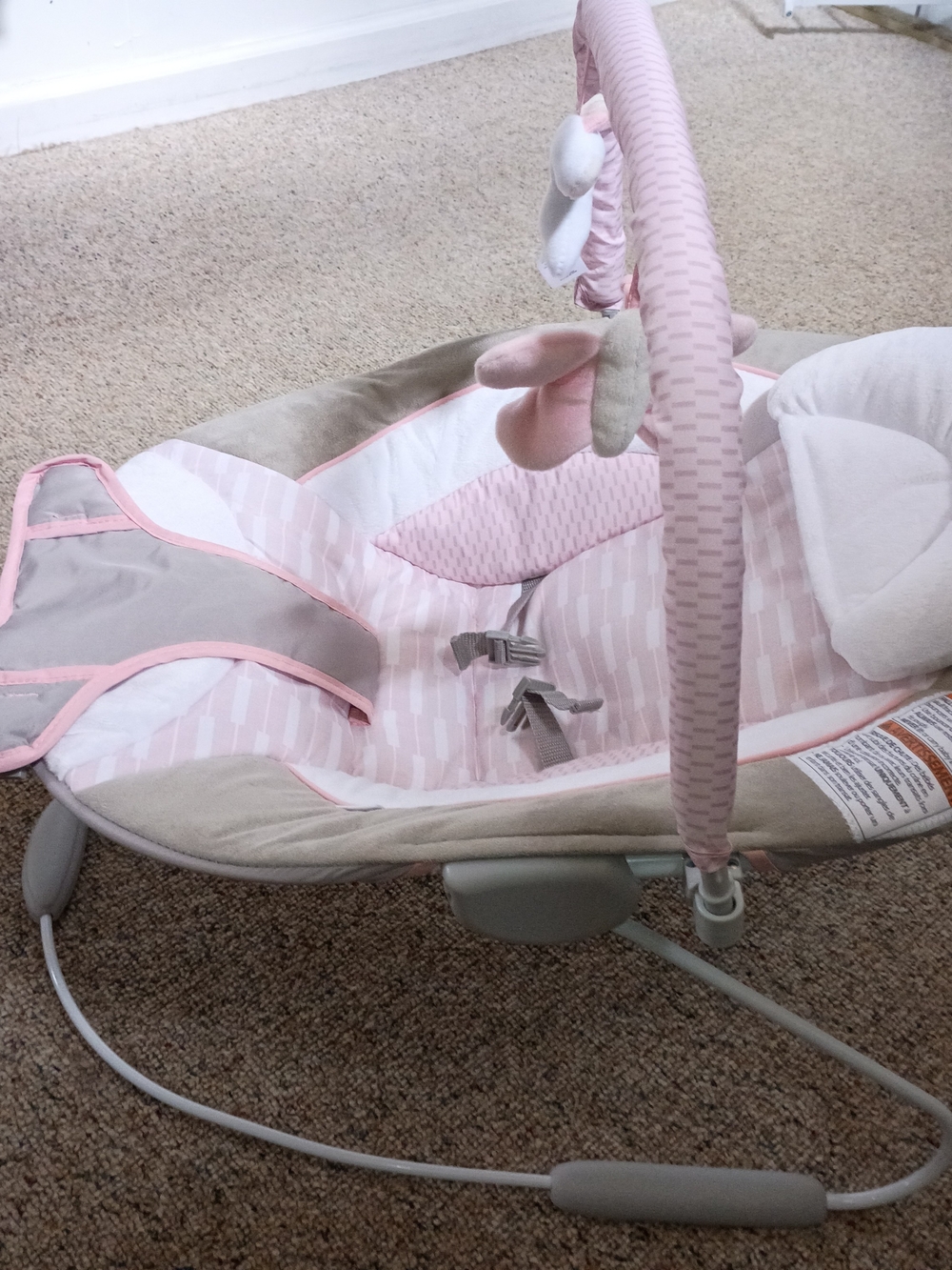 Pink and Beige Infant Bouncer Seat with Toy Bar - Picture 3 of 3